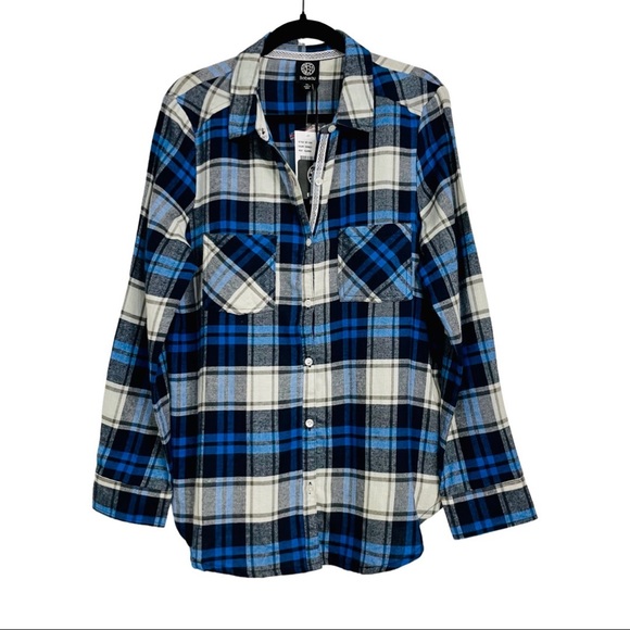 bobeau Tops - Bobeau Cobalt Plaid Flannel Long Sleeve Shirt with Chiffon